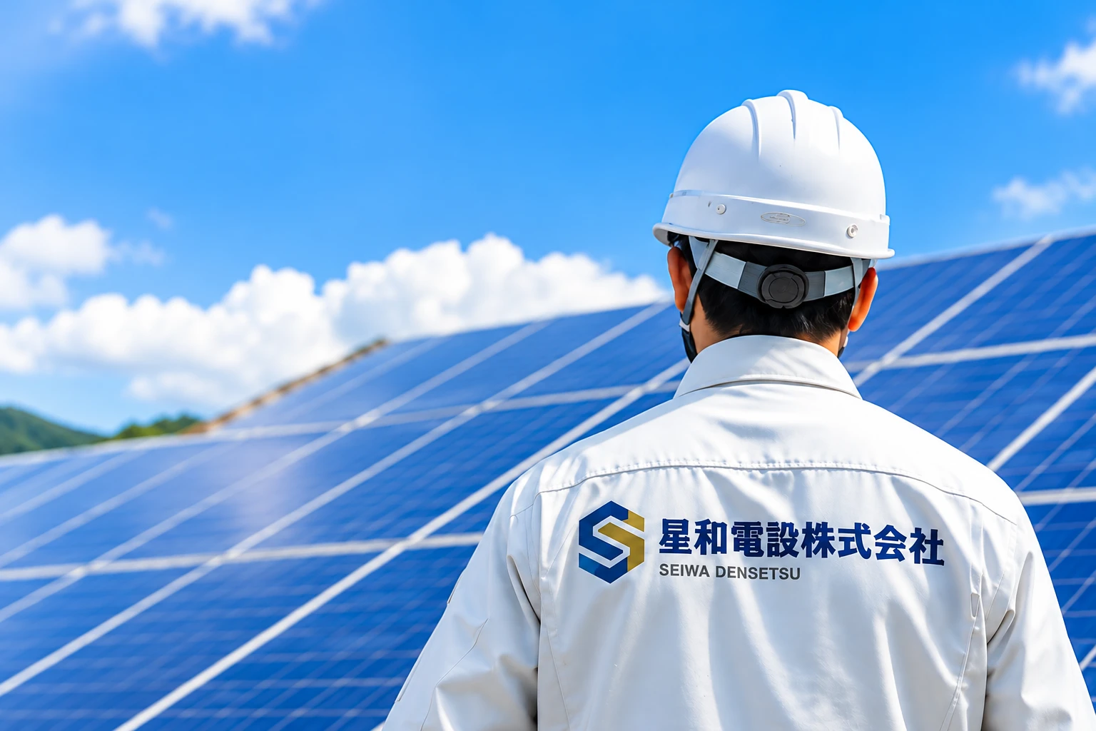 太陽光パネルの前に立つ星和電設株式会社の作業員